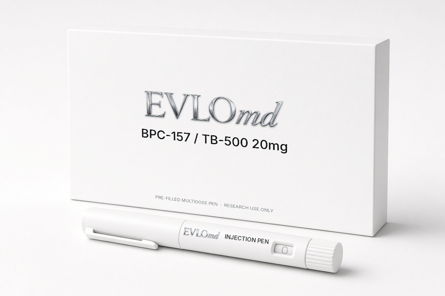 EVLOmd BPC-157 / TB-500 20mg pack and pre-filled pen.