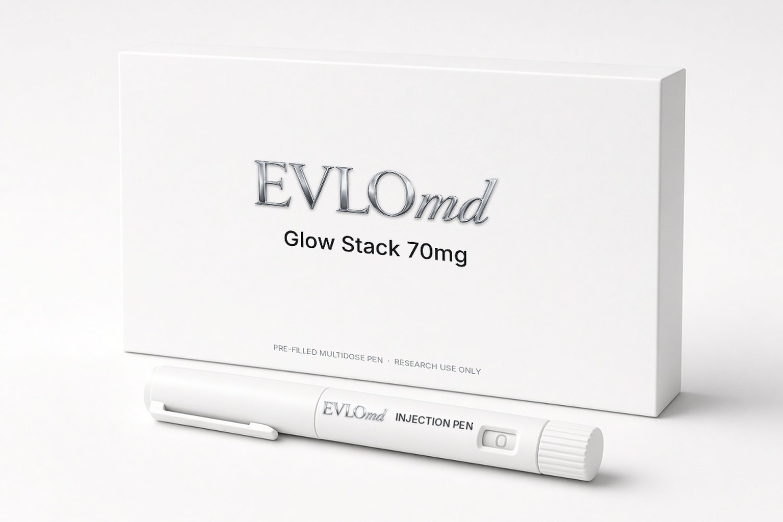 EVLOmd Glow Stack 70mg pack and pre-filled pen.