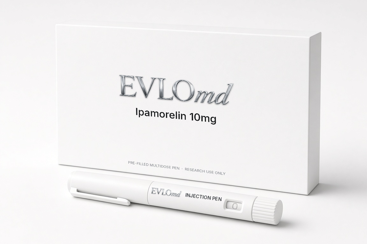 EVLOmd Ipamorelin 10mg pack and pre-filled pen.
