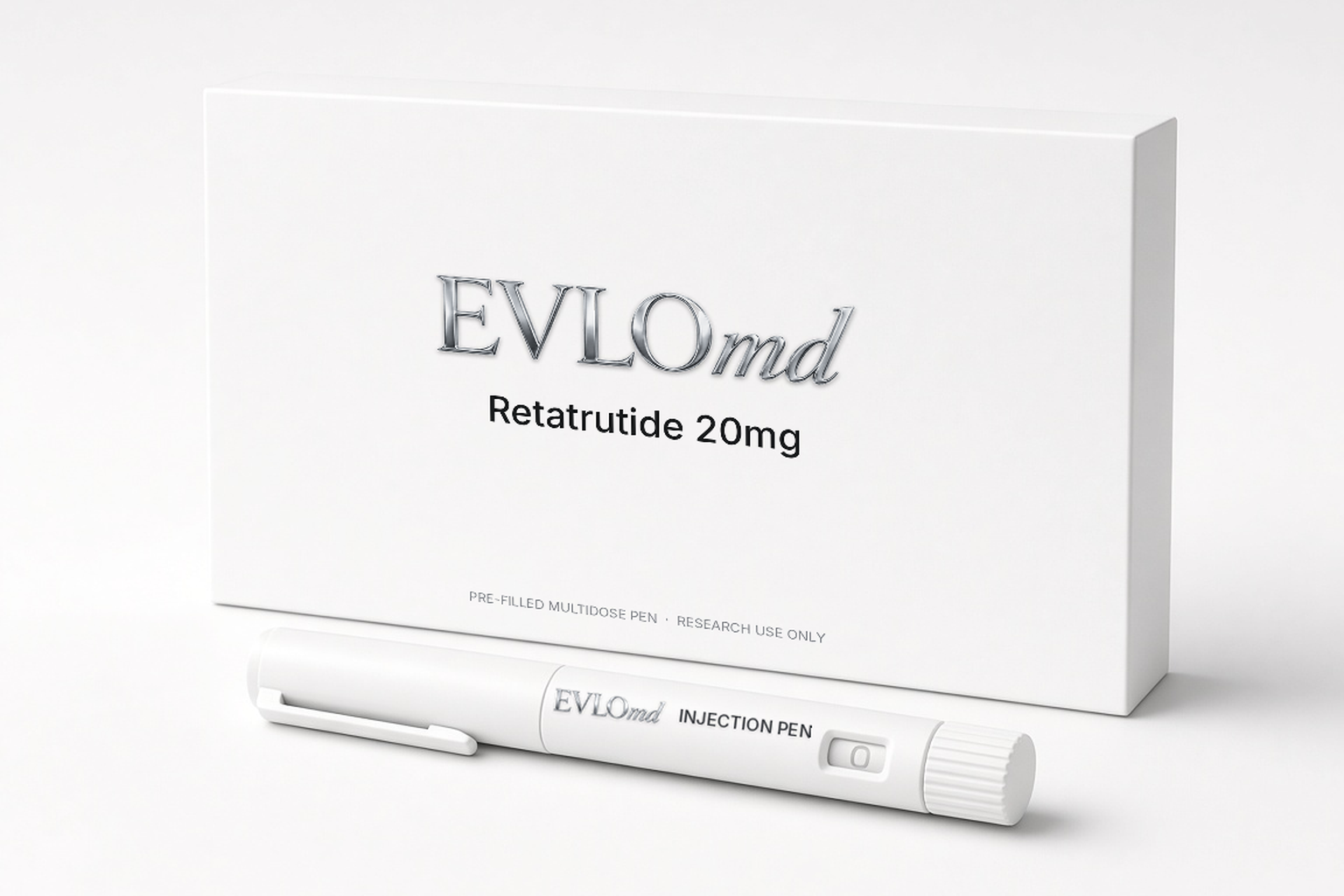 EVLOmd Retatrutide 20mg pack and pre-filled pen.